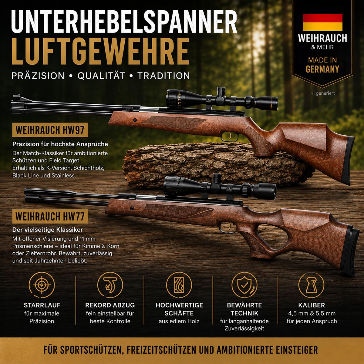 Unterhebelspanner Luftgewehr mit Starrlauf – Weihrauch HW97 und HW77 in den Kalibern 4,5 mm und 5,5 mm für höchste Präzision und sportliches Schießen.