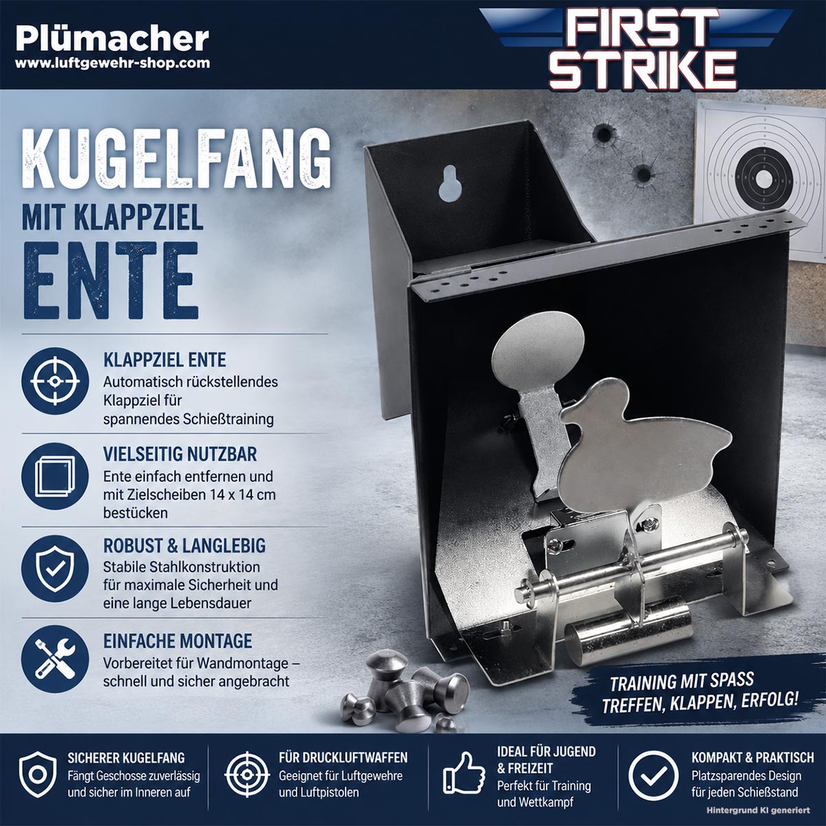 Kugelfang mit Klappziel Ente aus Stahl für Luftgewehre und Luftpistolen. Das Klappziel kann entfernt werden, sodass der Kugelfang auch mit Zielscheiben im Format 14 x 14 cm verwendet werden kann.