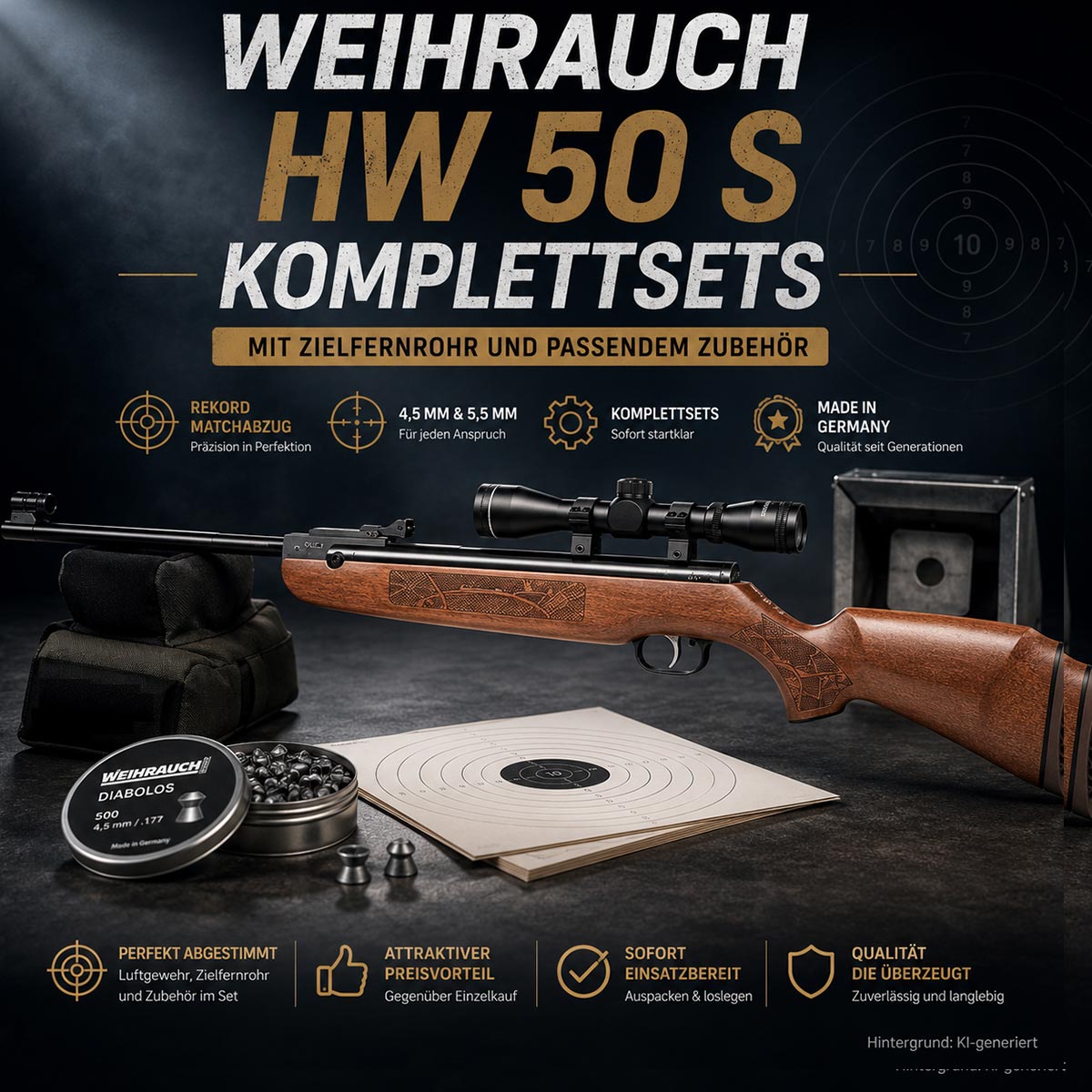 Warengruppenbild der Weihrauch HW 50 S Komplettsets mit Zielfernrohr, Diabolos, Zielscheiben und passendem Zubehör für die Kaliber 4,5 mm (.177) und 5,5 mm (.22).