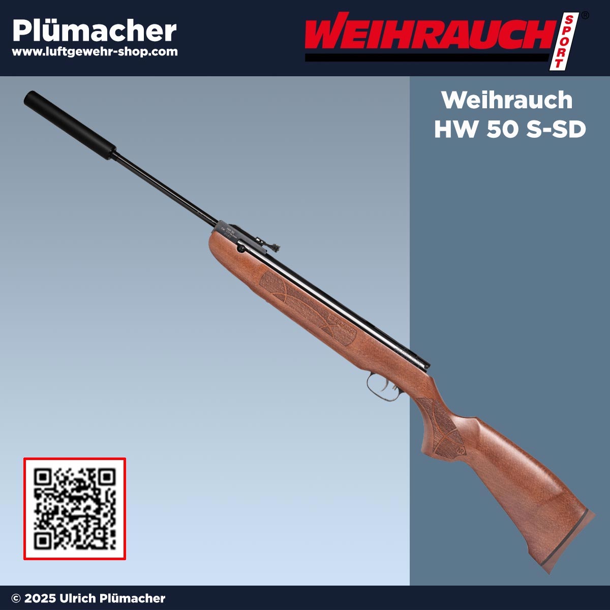 Weihrauch HW 50 SSD 4,5 mm Federdruck Luftgewehr mit aufschraubbarem Schalldämpfer, Rekord Matchabzug und 11 mm Prismenschiene ohne offene Visierung