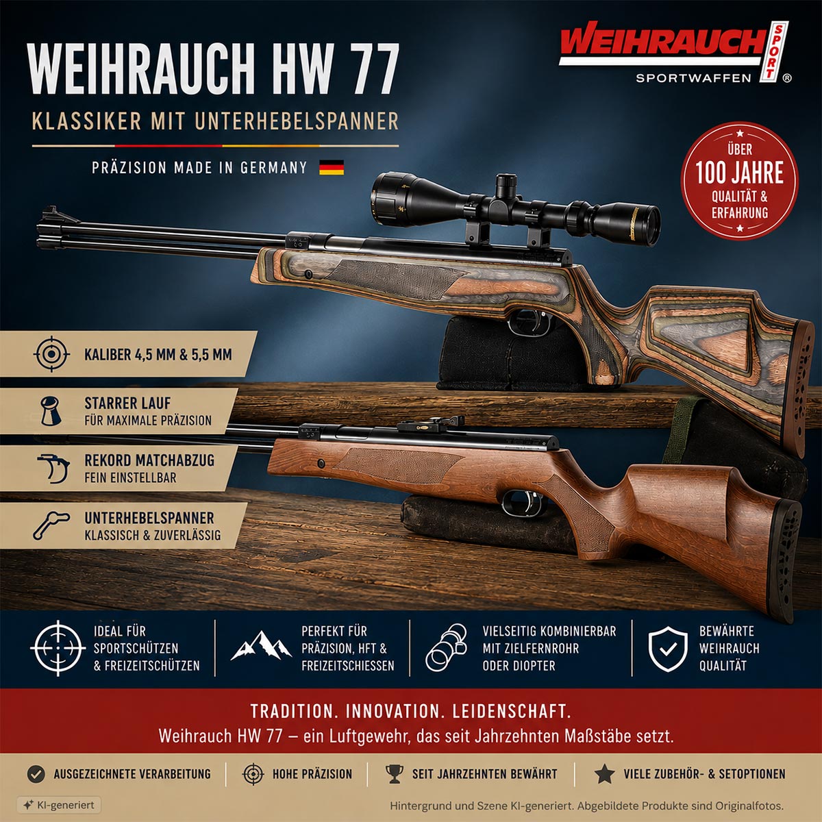 Weihrauch HW 77 Unterhebelspanner Luftgewehr mit starrem Lauf, Rekord Matchabzug und Schichtholz- sowie Holzschaft in den Kalibern 4,5 mm und 5,5 mm