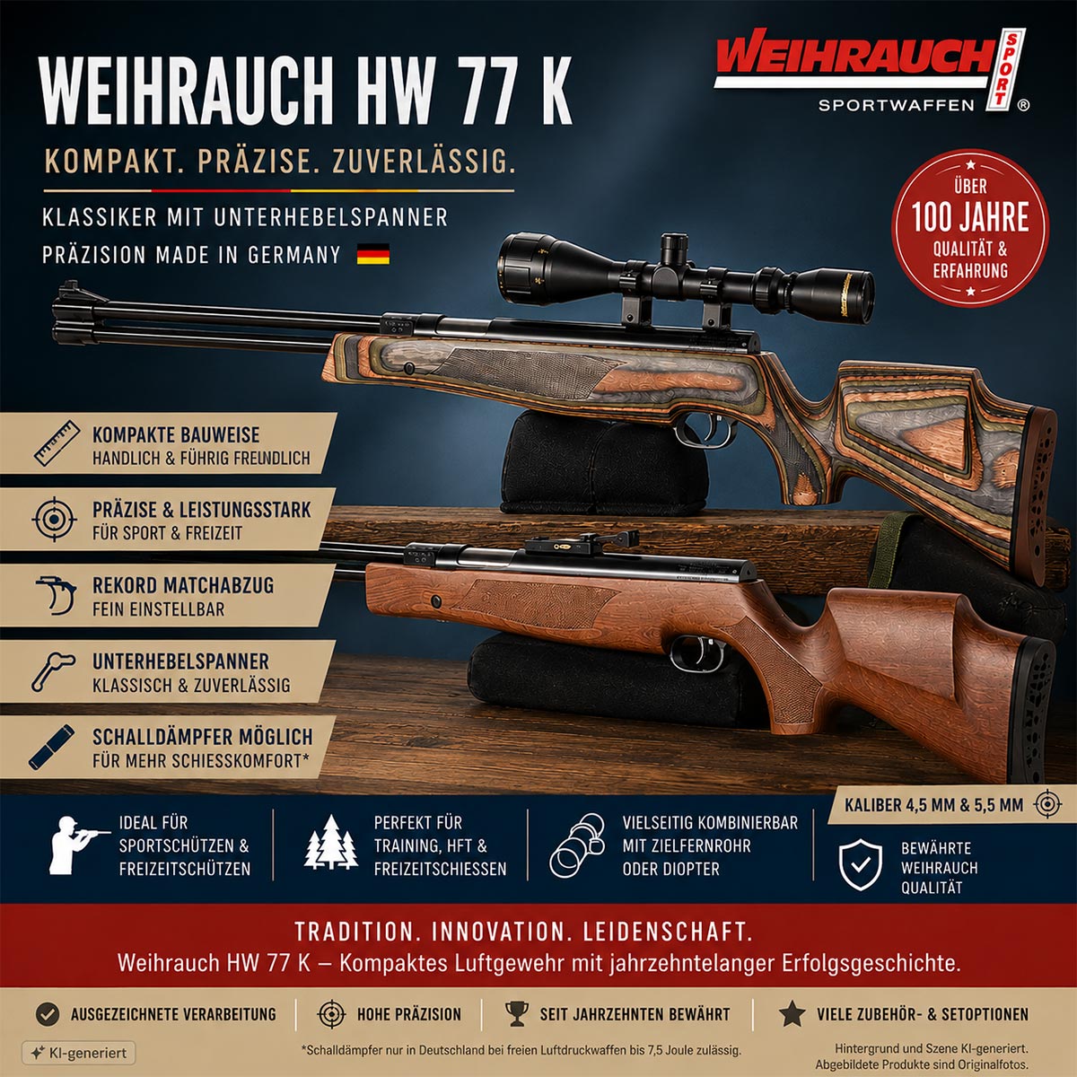Weihrauch HW 77 K Unterhebelspanner Luftgewehr mit Kompaktlauf, Rekord Matchabzug sowie Schichtholz- und Holzschaft in den Kalibern 4,5 mm und 5,5 mm