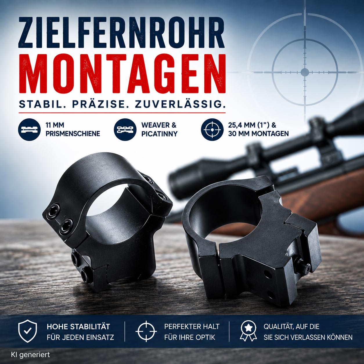 Zielfernrohrmontagen für Luftgewehre mit 11-mm-Prismenschiene sowie Weaver- und Picatinny-Montagen für Zielfernrohre mit 25,4 mm und 30 mm Mittelrohr.