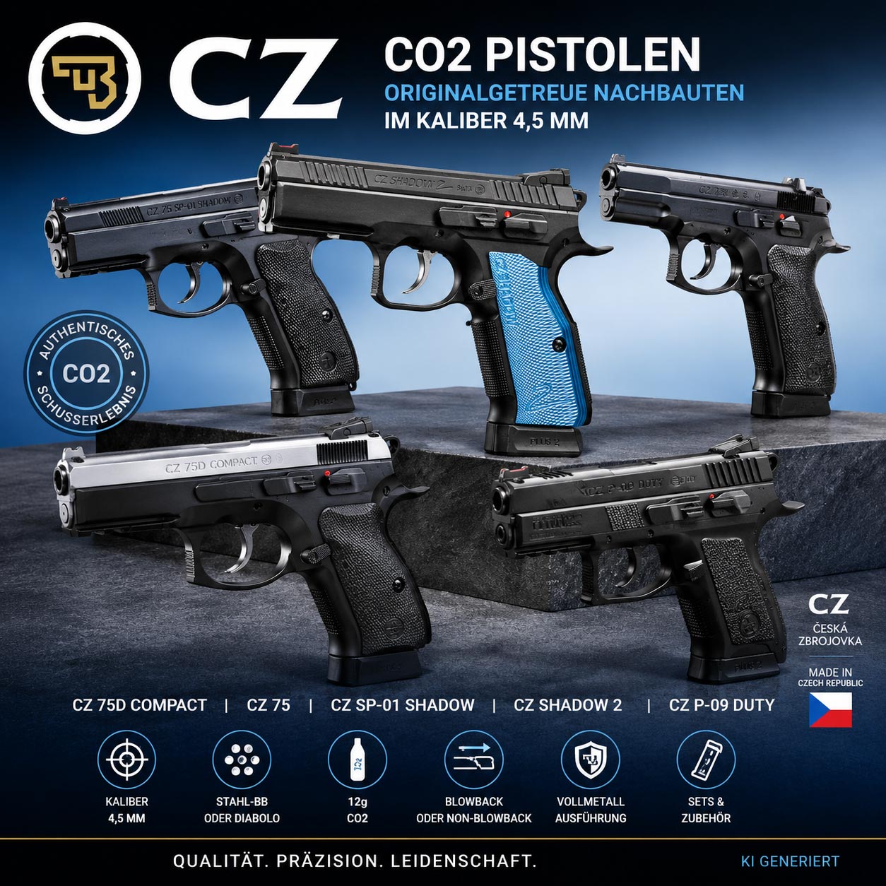CZ CO2 Pistolen mit den Modellen CZ 75, CZ SP-01 Shadow, CZ Shadow 2, CZ 75D Compact und CZ P-09 Duty im Kaliber 4,5 mm
