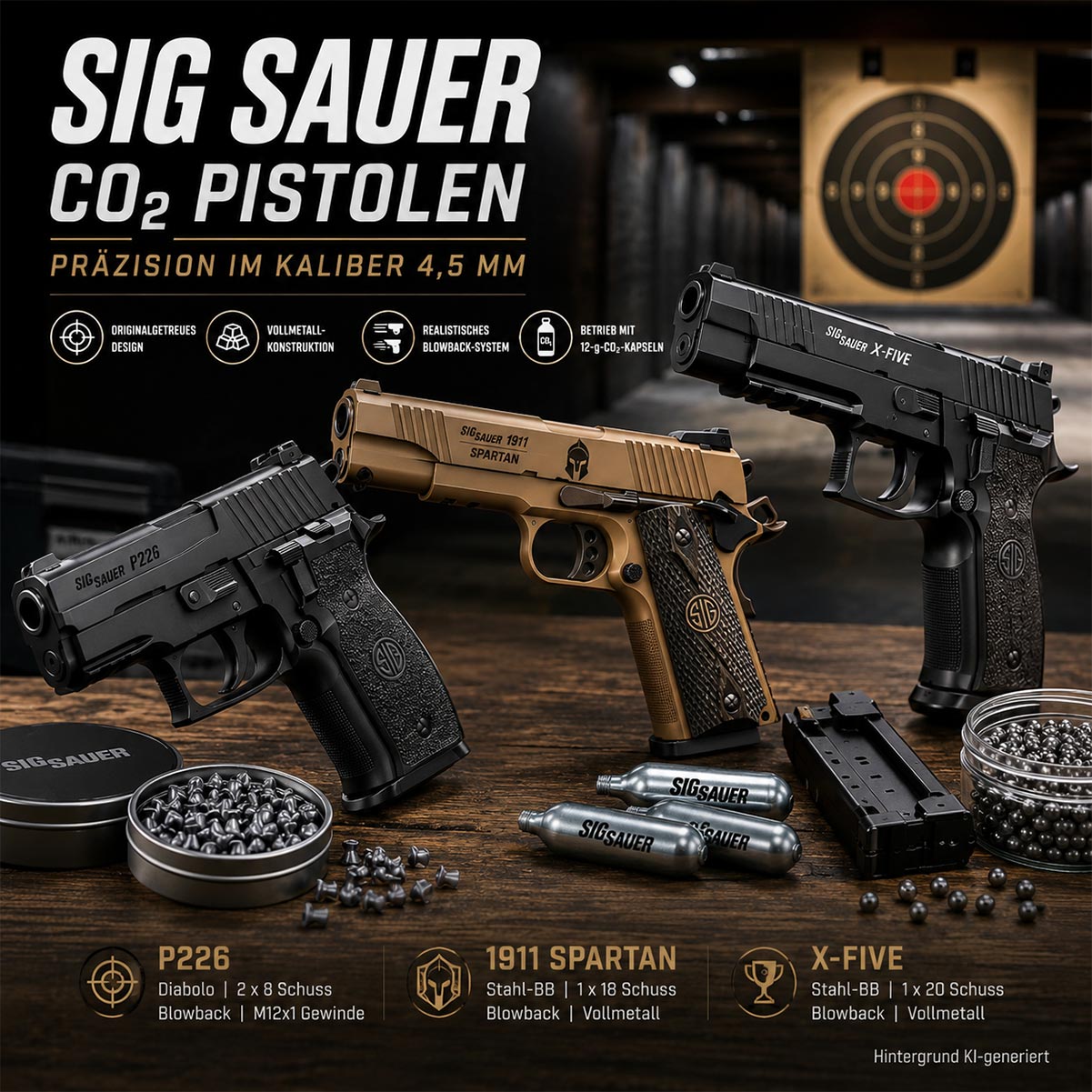 SIG Sauer CO2 Pistolen im Kaliber 4,5 mm mit den Modellen P226, 1911 Spartan und X-Five als Warengruppenbild