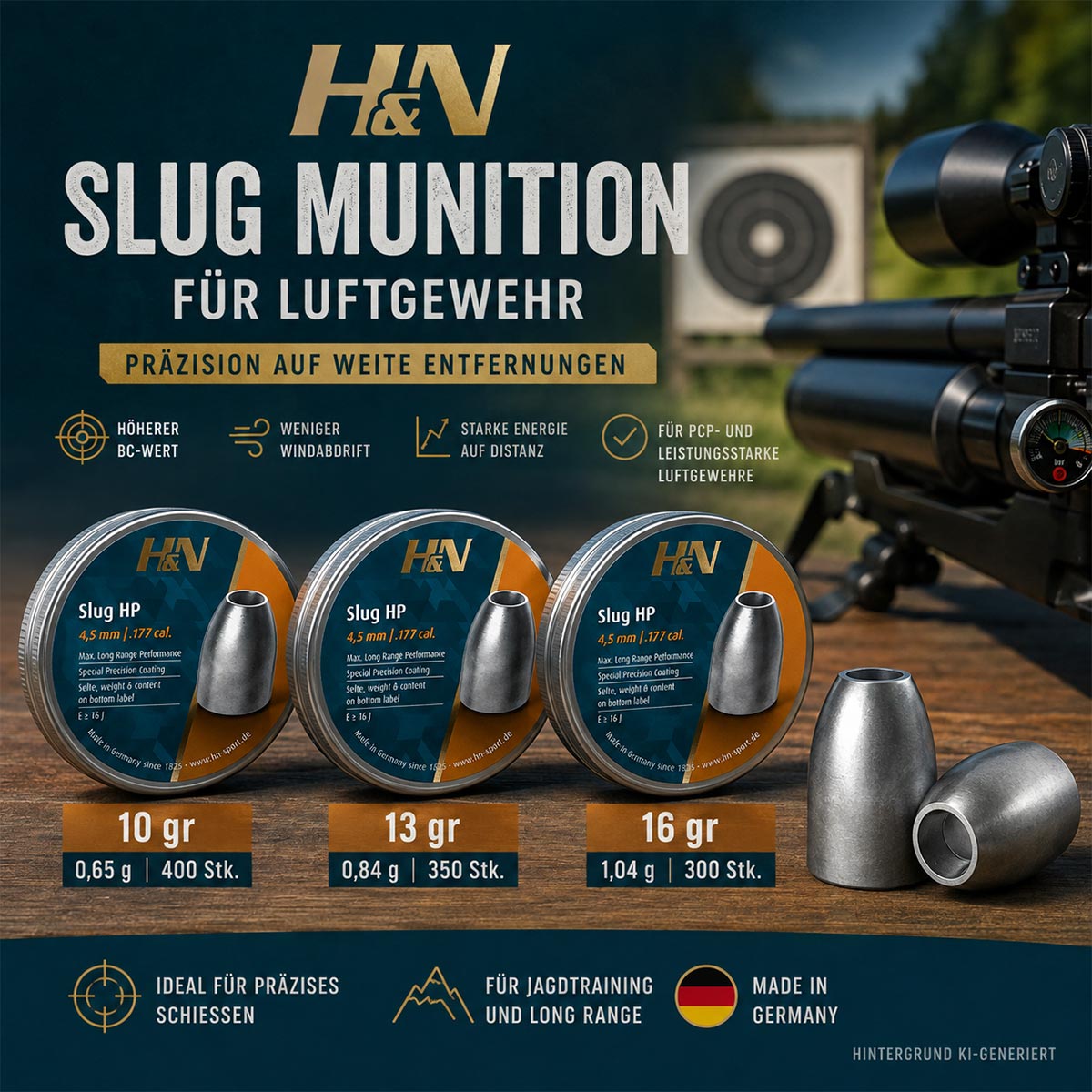 Warengruppenbild Slug Munition für Luftgewehr mit H&N Slug HP Geschossen in 4,5 mm (.177) für präzises Schießen auf weite Entfernungen.