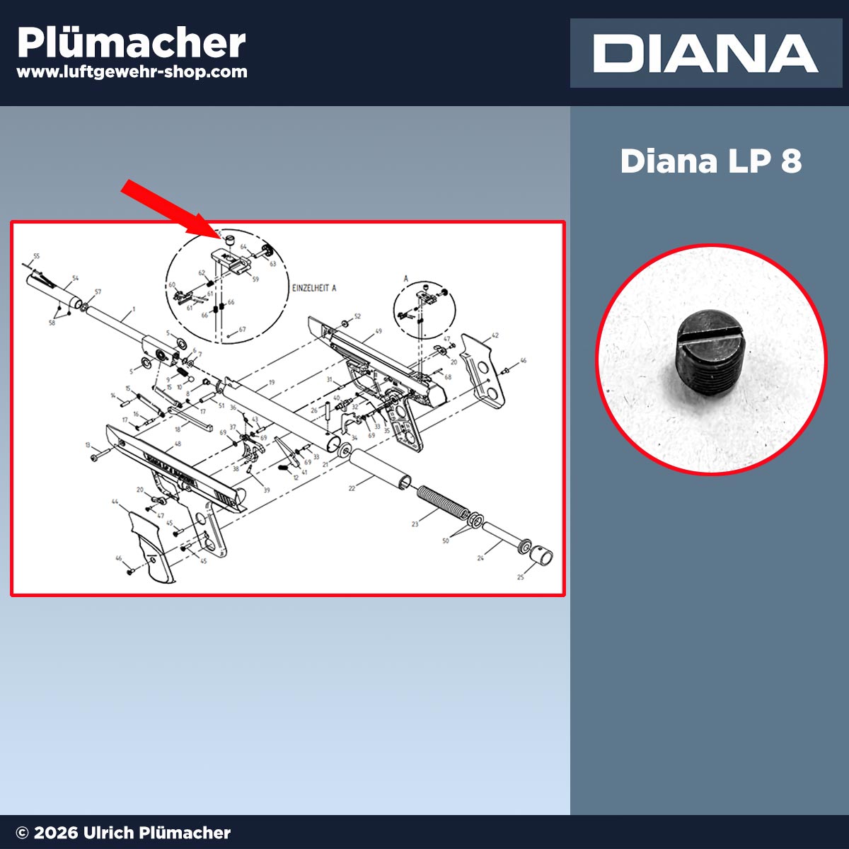 Original Höhenstellschraube für das Visier der Luftpistole Diana LP8 Magnum