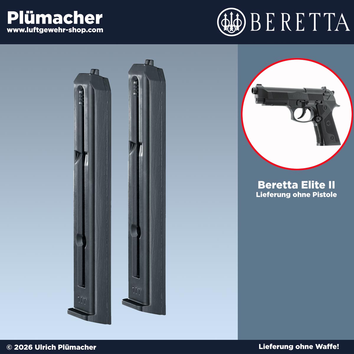 Beretta Elite II Ersatzmagazin aus Metall für 4,5 mm Stahl-BBs im 2er Pack mit je 18 Schuss