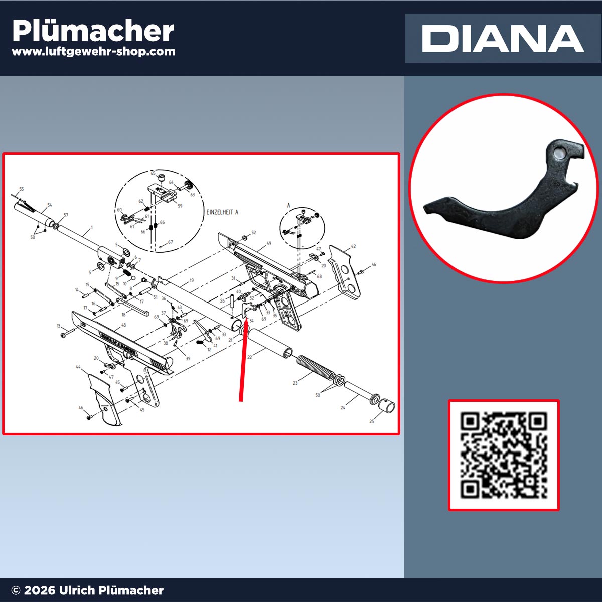 Diana LP8 Magnum Eintrittshaken aus Metall, Ersatzteil Position 34