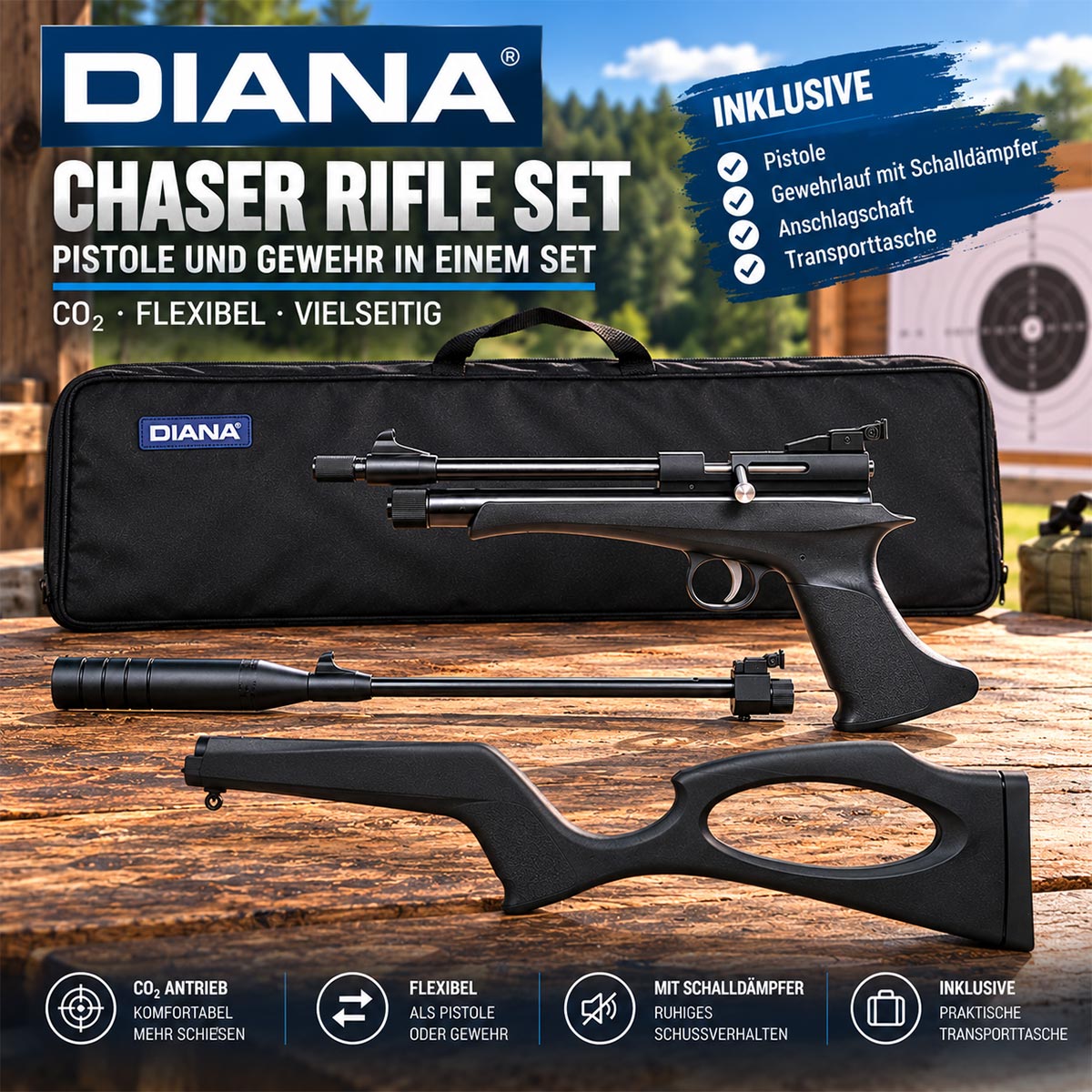 Diana Chaser Rifle Set CO2 Luftpistole mit separatem Gewehrlauf, Schalldämpfer, Anschlagschaft und DIANA Transporttasche