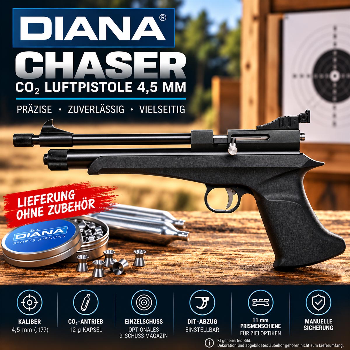 Diana Chaser CO2 Luftpistole 4,5 mm Diabolo mit schwarzem Griff, Einzelschuss-System und 11-mm-Prismenschiene